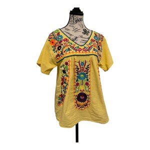Yellow Embroidered Floral Boho Blouse YZXDORWJ Size Large Mexican Fiesta